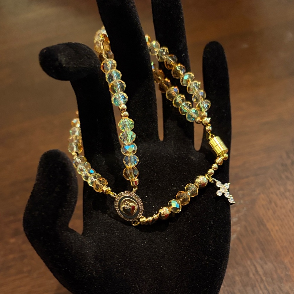 Gold Crystal Rosary-Style Bracelet with Cross Charm with magnetic clasp